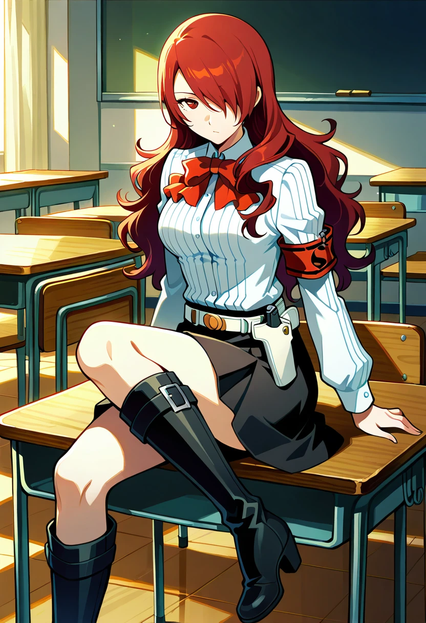 1 girl, solo, cute face,
p3mitsuru, long hair, hair over one eye, white shirt, red bowtie, black skirt, knee boots, black footwear, gekkoukan high school uniform, armband, holster, belt, 
indoors, classroom,
masterpiece, best quality, ultra detailed,