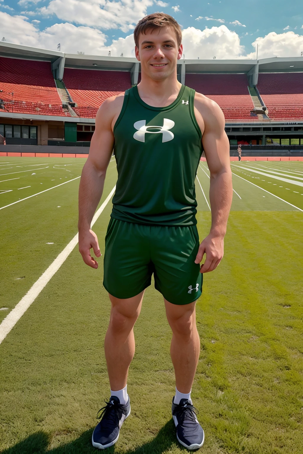 sunny spring day, track and field stadium, standing on the running track, (male focus), DougAcre wearing pine green track uniform, sleeveless Under Armour compression shirt, (Under Armour compression shorts), sneakers, slight smile, (((full body portrait))), wide angle  <lora:DougAcre:0.8>