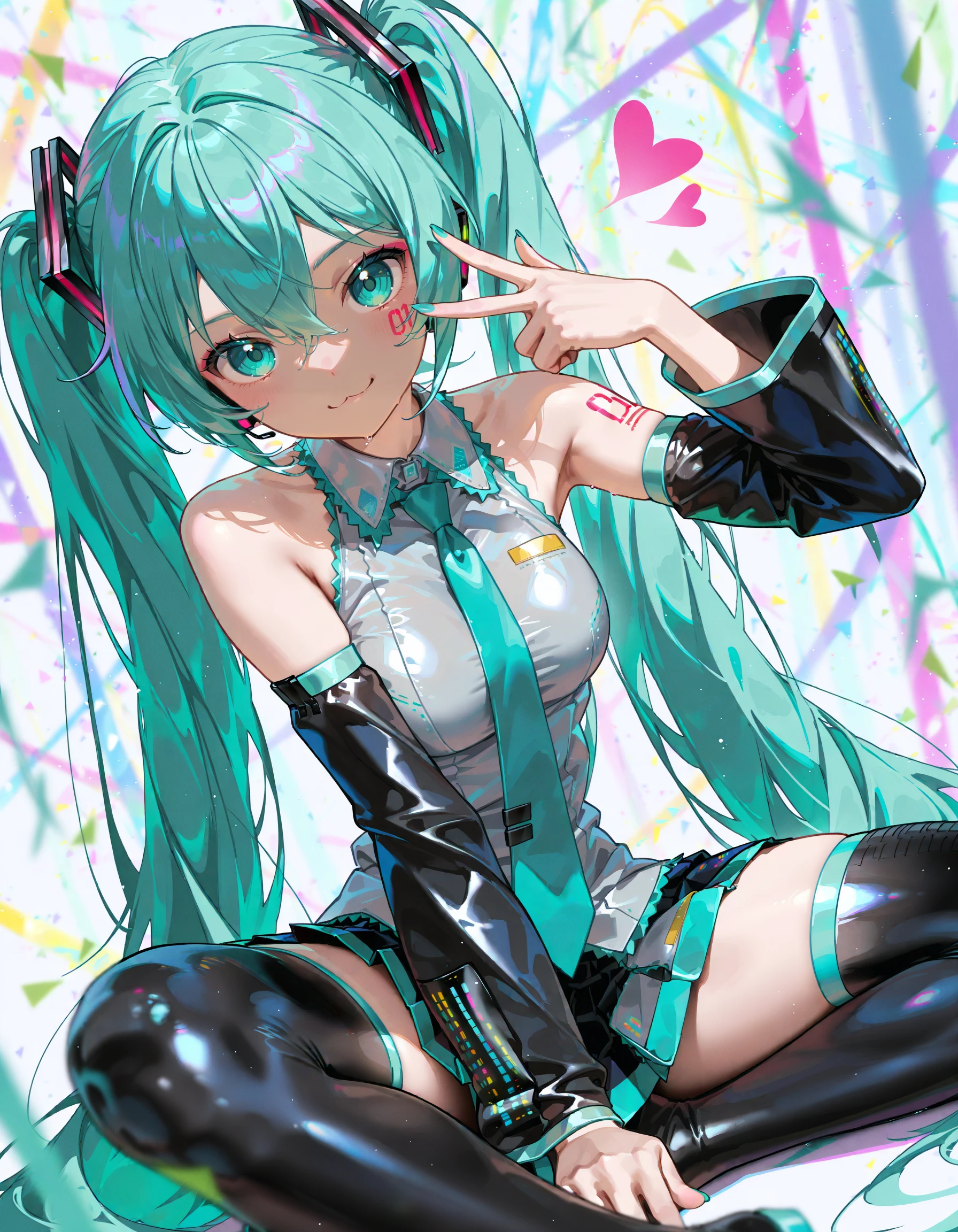 1girl, solo, long hair, hatsune miku, twintails, detached sleeves, thighhighs, skirt, heart, looking at viewer, black skirt, white background, sitting, :3, aqua hair, shirt, tattoo, bare shoulders, black thighhighs, very long hair, simple background, hand between legs, aqua eyes, bangs, smile, pleated skirt, between legs, breasts, hair ornament, zettai ryouiki, v, sleeveless, closed mouth, necktie, blush, number tattoo, hair between eyes, w, hand up,