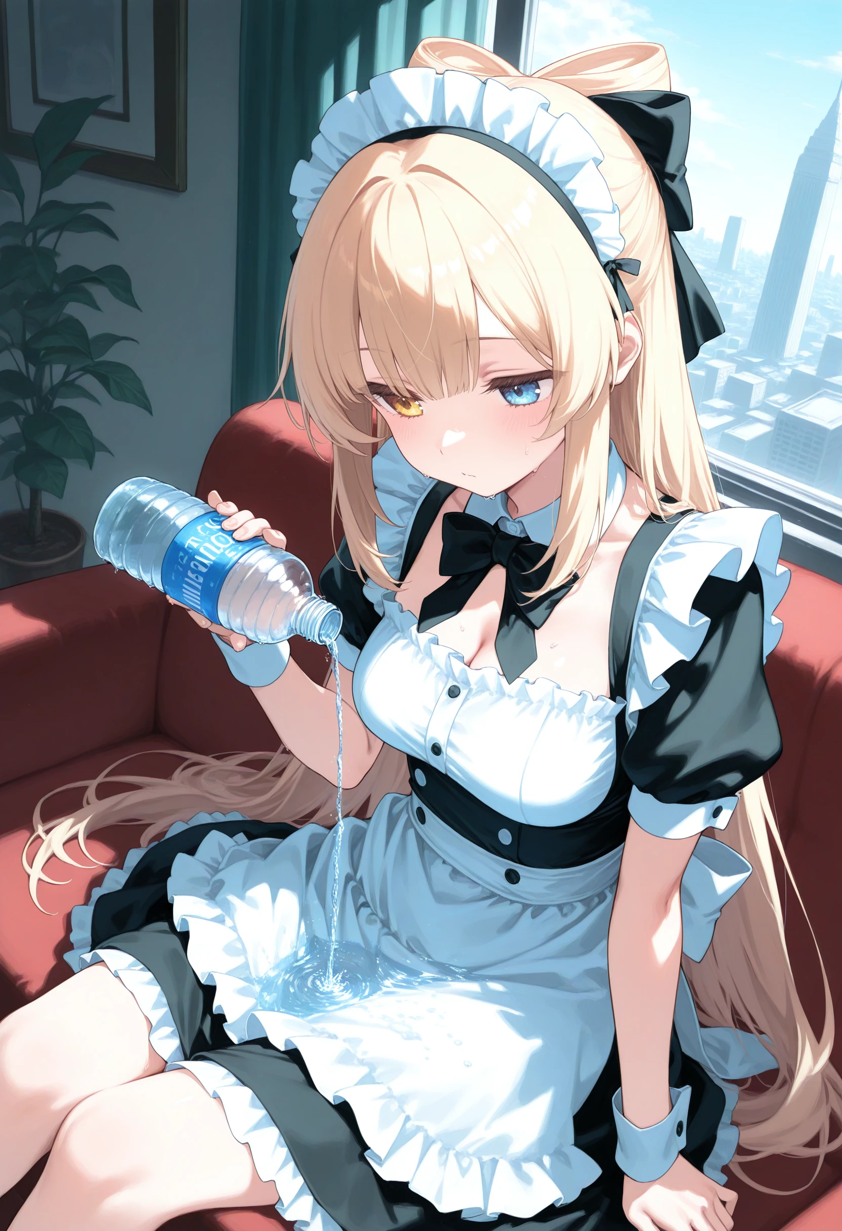 1girl,(sho \(sho lwlw\):0.7),(toosaka asagi:0.5),(sincos:0.3),solo,
masterpiece, best quality, newest, absurdres, CG, anime, source anime, illustration,
maid, maid headdress,medium breasts,
wakamezake, sitting, bottle, water, water bottle, holding bottle, pouring, pouring onto self, <lora:wakamezake_Illust_v1:0.8>
dutch angle, upper body, looking up, green hair, heterochromia,bored, towers, closed mouth, bow-shaped hair,