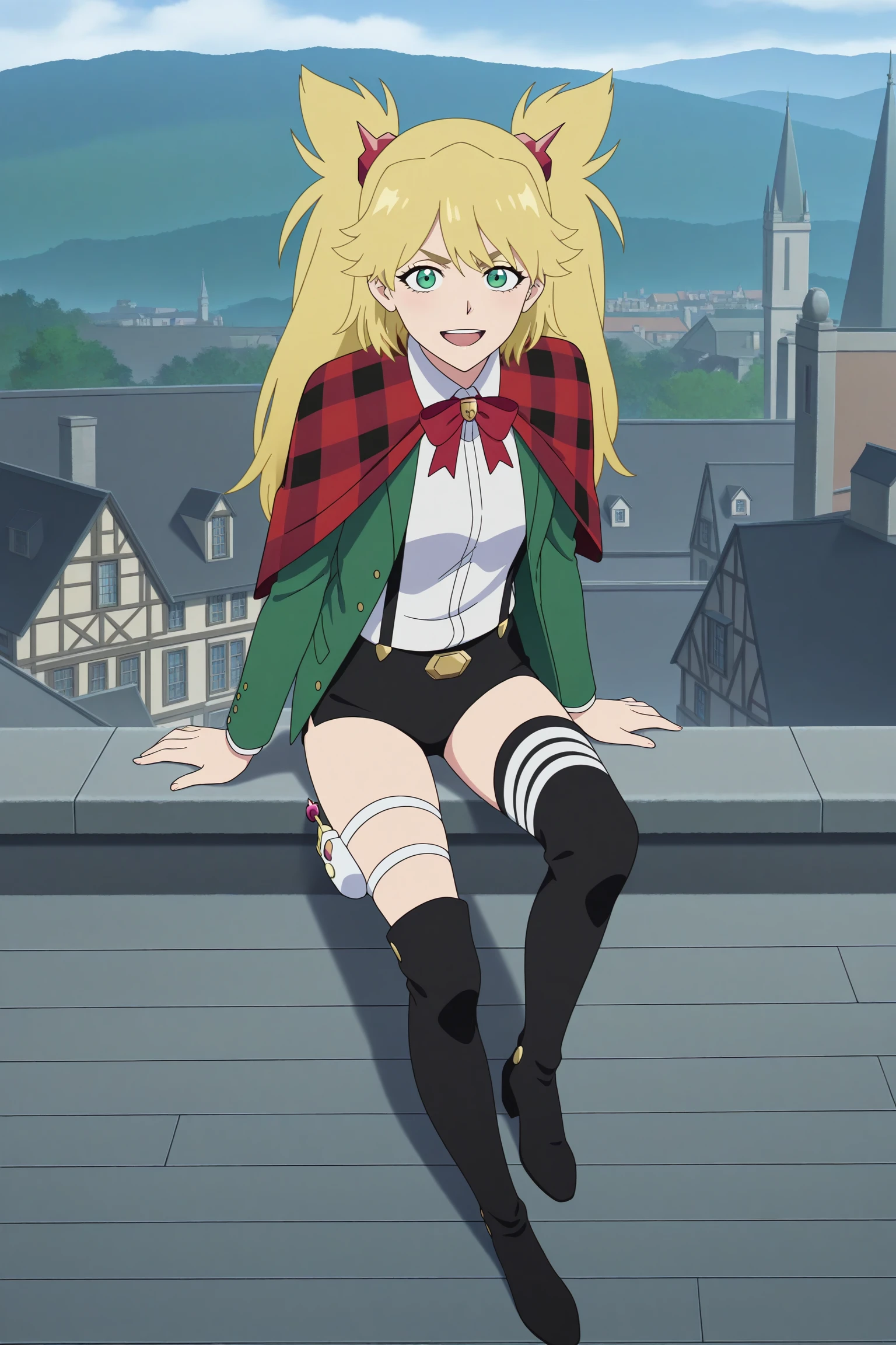 masterpiece, best quality, amazing quality, highres, absurdres, very aesthetic, high resolution, ultra detailed, perfect details, 1girl, looking at viewer, outdoors, european architecture, ninny spangcole, blonde hair, long hair, two side up, hair ornament, green eyes, green jacket, open jacket, white shirt, collared shirt, red bowtie, red capelet, plaid capelet, suspenders, black shorts, short shorts, white thigh holster, black footwear, thigh boots, <lora:Ninny_Spangcole_ILXL:0.8>, (aged up:1.2), (full body:1.5), (day:1.3), anime coloring, (anime screencap:1.5), open mouth, smile, (pose:1.2), sitting on roof, roof