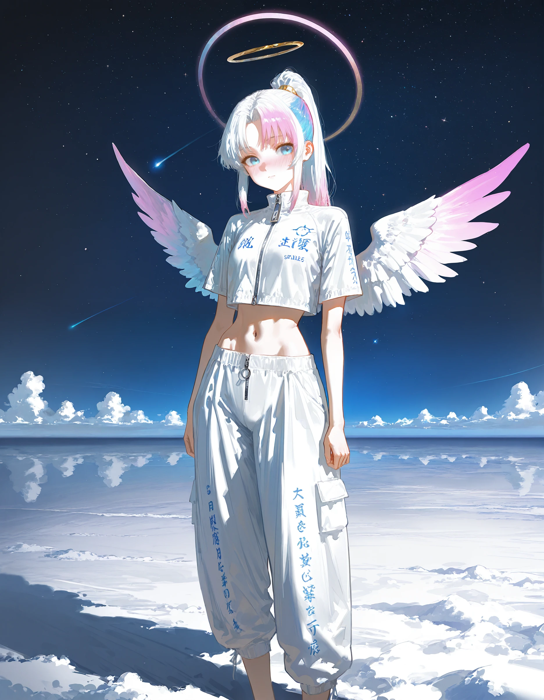 (quasarcake:0.5),dino \(dinoartforame\),    masterpiece, best quality, amazing quality, very aesthetic, absurdres,  newest, (scenery, volumetric lighting), <lora:tokko-fuku:1>,girl, blue_eyes, soft_blush,clothes writing,white coat,    celestial_wings with stardust patterns, long_hair flowing, looking_at_viewer, gentle_smile, multicolored_hair in deep blues and purples, navel, pants, ponytail, short_sleeves, vast_starry_sky_background, two-tone_hair, wide_hips, wings, zipper, cosmic_theme, ethereal and luminous, serene_expression, dreamlike atmosphere, glowing stars and distant galaxies, faint_moonlight, capturing the mystery and vastness of space