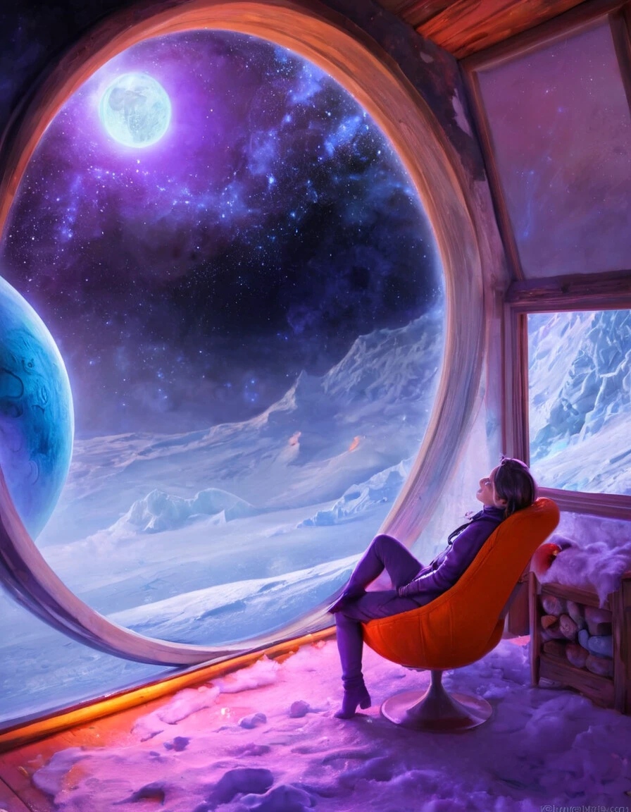 woman relaxing by window in an arctic research outpost on a frozen world, there is a distant stars and nebulae fill the sky and cast sharp colorful glares across the planet surface. A large ringed planet or moon on the horizon, high-contrast palette of icy blues, purples, oranges, and silvers.