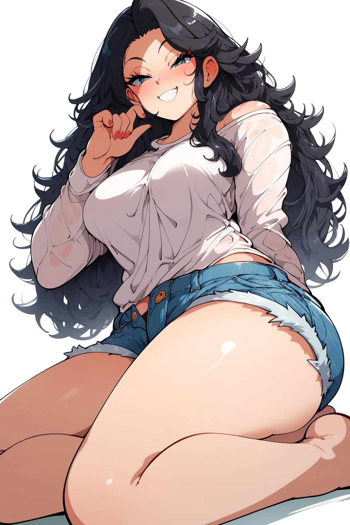 score_9, score_8_up, score_7_up, score_6_up, BREAK, 1girl, black hair, long hair, medium breasts, white shirt, denim shorts, solo, full body, sitting, bellow view, looking at viewer, seductive smile, naughty face, nose blush, white background, simple background, KafunStylePXL  <lora:KafunStylePXL:1>