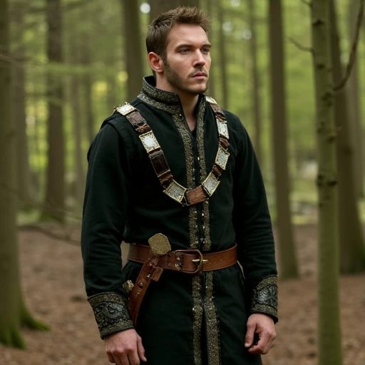 and features a high collar and long sleeves., Tudors. The image is a photograph featuring a man standing outdoors in a forest setting. The man, suggesting it might be made of a luxurious material like satin or silk., ornate jewelry., fitted tunic adorned with intricate, fair-skinned man with short, likely depicting a Viking or medieval warrior. The central figure is a young man with a rugged