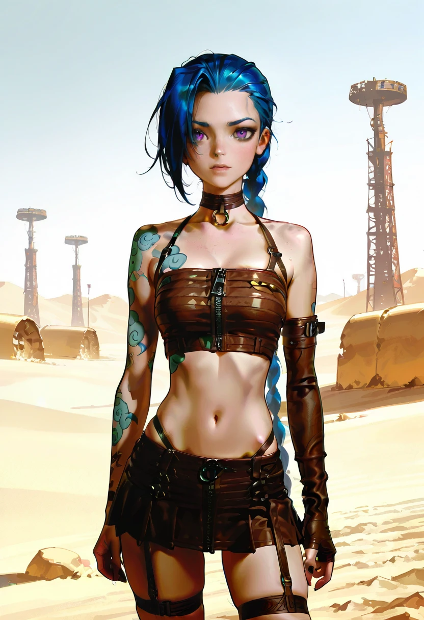 1girl,solo,looking at viewer,ikeda ruriko, desert,echo lingerie, skirt, zipper, choker, midriff, jinx_(league_of_legends),post-apocalypse,