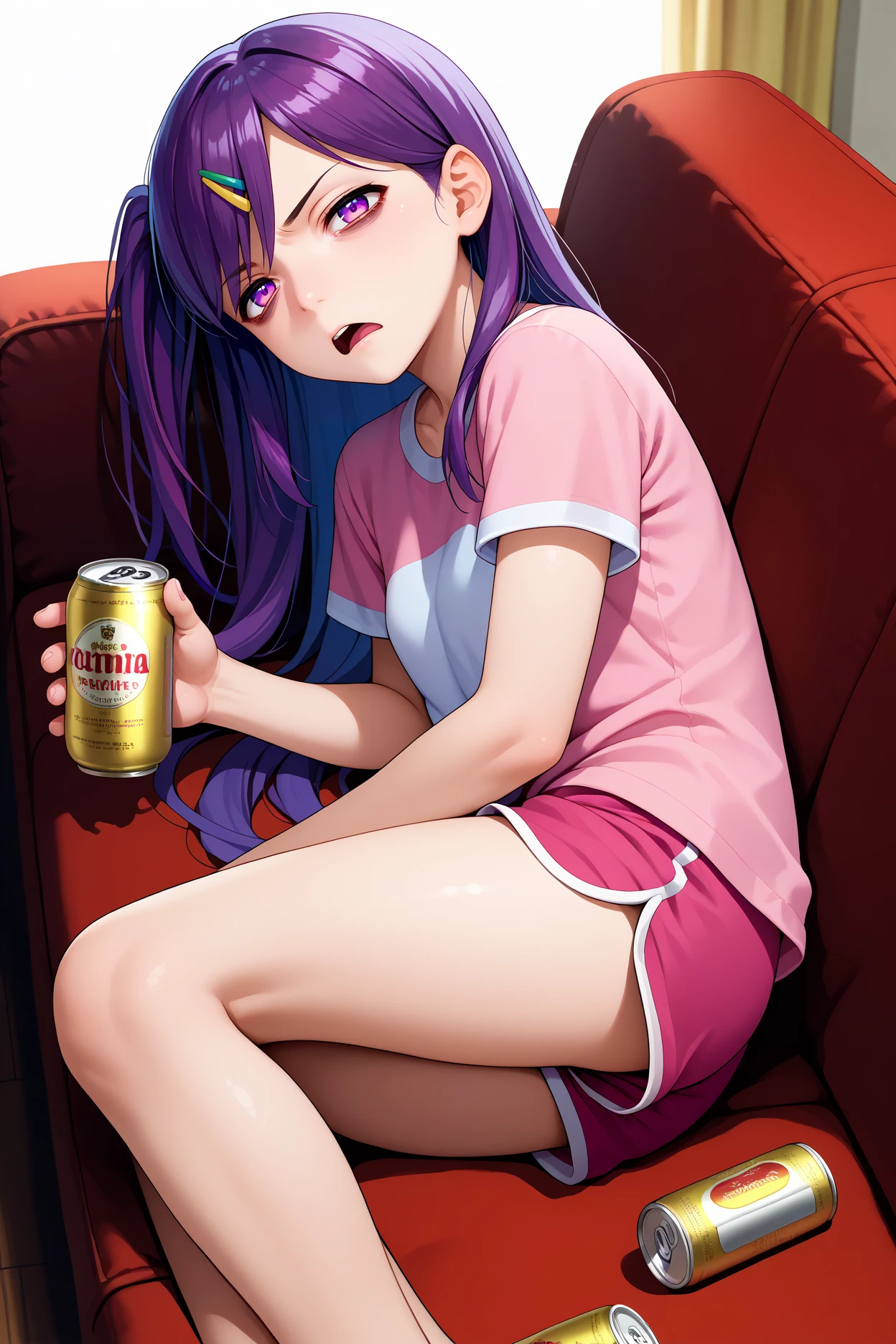 score_9, score_8_up, score_7_up, score_6_up, source_anime, 1girl, solo, <lora:kamuromasumi-pdxl-nvwls-v1_1-000005:1> hskamuro, one side up, purple hair, long hair, purple eyes, hairclip, pink t-shirt, dolphin shorts, sitting, couch, open mouth, bags under eyes, hung over, tired, looking at you, empty beer cans, half-closed eyes, lying on side