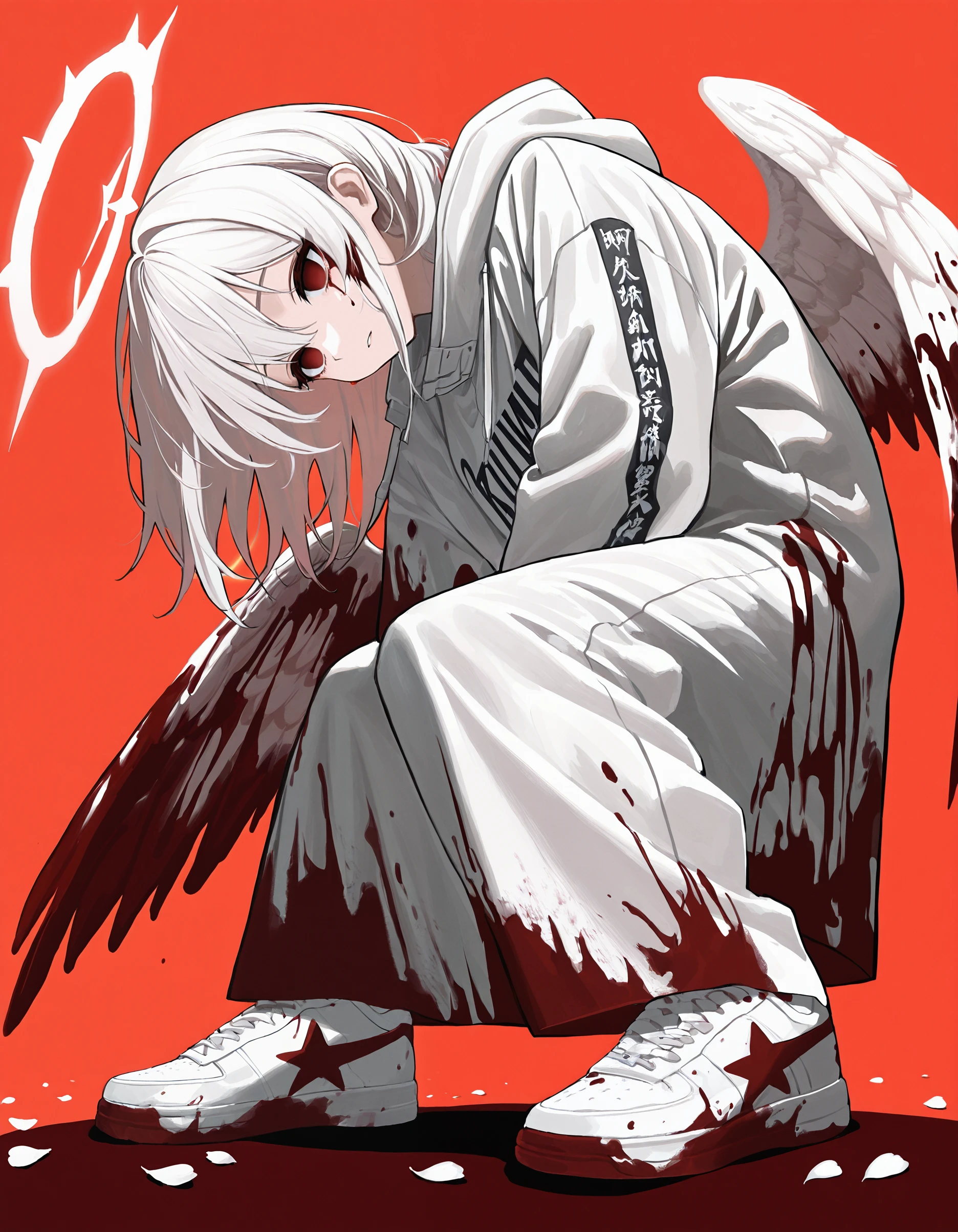 masterpiece, best quality, very aesthetic, absurdres, newest,,clothes writing,  69yotte4_illu,red background,blood on wings, 1girl,white hair,core,empty eyes,  red eyes, halo,white coat,blood, blood from eyes,  petals on clothes, white wings, white paint,film grain,  sneakers, from below,<lora:b4pes4:1>,star \(symbol\), b4pesa_nkrs_illu,