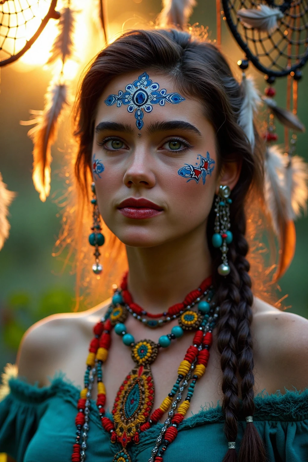 A vibrant and enchanting portrait of a young woman adorned in intricate tribal-inspired attire, set against the soft, golden glow of a tranquil forest at sunset. Her captivating face is decorated with striking, symmetrical blue and white face paint, accentuated by an ornate, jewel-like pattern on her forehead that gleams in the fading sunlight. Her piercing gaze exudes a calm yet powerful presence, drawing the viewer into her world of mysticism and tradition.
Her hair is styled elegantly, with strands braided and intertwined with colorful beads and ornaments, cascading softly over her shoulders. She wears a stunning turquoise off-the-shoulder top, trimmed with fur-like details that add texture and warmth to her attire. Multiple layers of vividly colored beaded necklaces drape across her collarbone, each strand featuring intricate patterns and a mix of vibrant reds, yellows, and turquoise, complemented by dangling feather accents that sway gently with her movement.
Surrounding her are several dreamcatchers hanging delicately from unseen branches, their intricate webbing and feathered tassels catching the last rays of sunlight. The dreamcatchers frame her figure beautifully, adding depth and cultural richness to the composition. The soft focus on the lush forest background enhances the sceneâs ethereal atmosphere, with dappled light filtering through the trees and a gentle haze lending a dreamy quality.
The golden-hour lighting highlights her flawless complexion, casting a warm glow on her features and creating a natural bokeh effect in the background. The image embodies the lush textures and colors of fine art photography, with every detailâfrom the delicate beads to the feathersârendered in exquisite clarity. The overall composition is a celebration of cultural artistry, natural beauty, and serene spirituality. <lora:Jennifer_Connelly_1990_V2_3-000032:1.0>