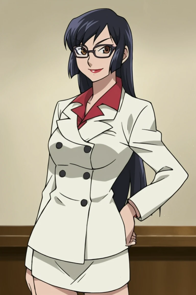 score_9, score_8_up, score_7_up, 1girl, solo, s4w4mur4MT, black hair, long hair, glasses, brown eyes, formal, buttons, skirt suit, looking at viewer, smile, hand on own hip, lipstick, cowboy shot, indoors