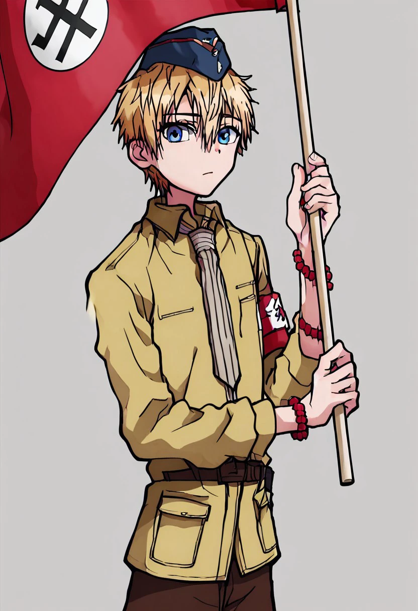 score_9, score_8_up, source_anime, highly detailed,highly detailed eyes,1boy, male_focus, slender, skinny, 1boy, solo,teru_minamoto, blonde hair, blue eyes, short hair, bangs, hair between eyes,full body, hat, white socks, holding flag, youths, world war ii, looking at viewer, uniform, jacket, cowboy shot, yellow shirt, Red armband with white circle in it, military, brown pants, military uniform, garrison cap, Red armbands with white circle in it, socks, Red flag with circle in the White, youths, Hitler youth, Holding flags, Solo, standing, military hat, bead bracelet, shirt, upper body