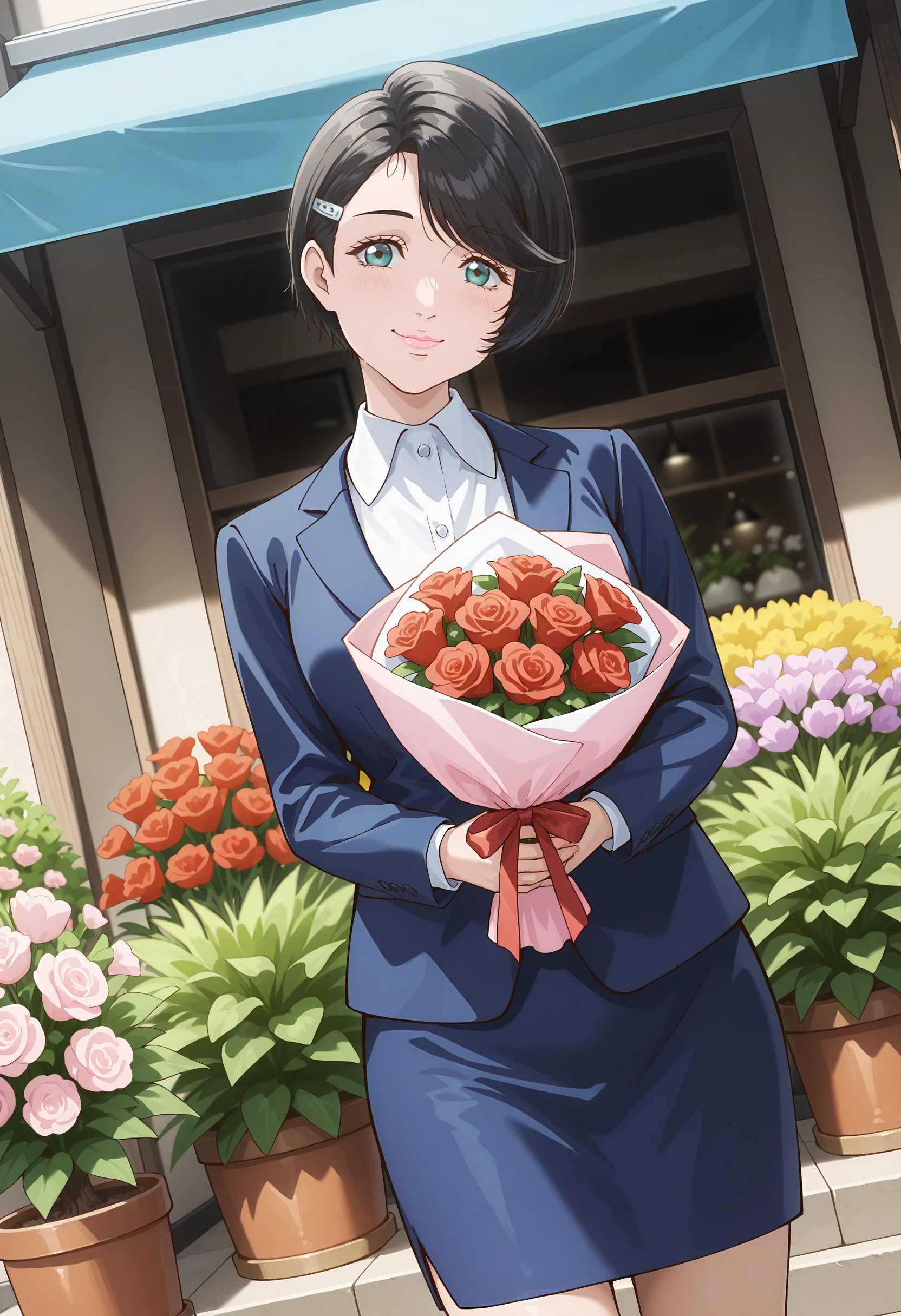 perfect quality, high quality, masterpiece, absolutely eye-catching BREAK
<lora:Trillion_Game_-_Rinrin_Takahashi:1> trillionrinrin, black hair, short hair, swept bangs, green eyes, hairclip, lipstick BREAK
suit, jacket, shirt, pencil skirt, pumps BREAK
flower shop, flower stand, dappled sunlight, outdoors BREAK
1girl, solo, holding bouquet, light smile, looking at viewer, head tilt, dutch angle, cowboy shot