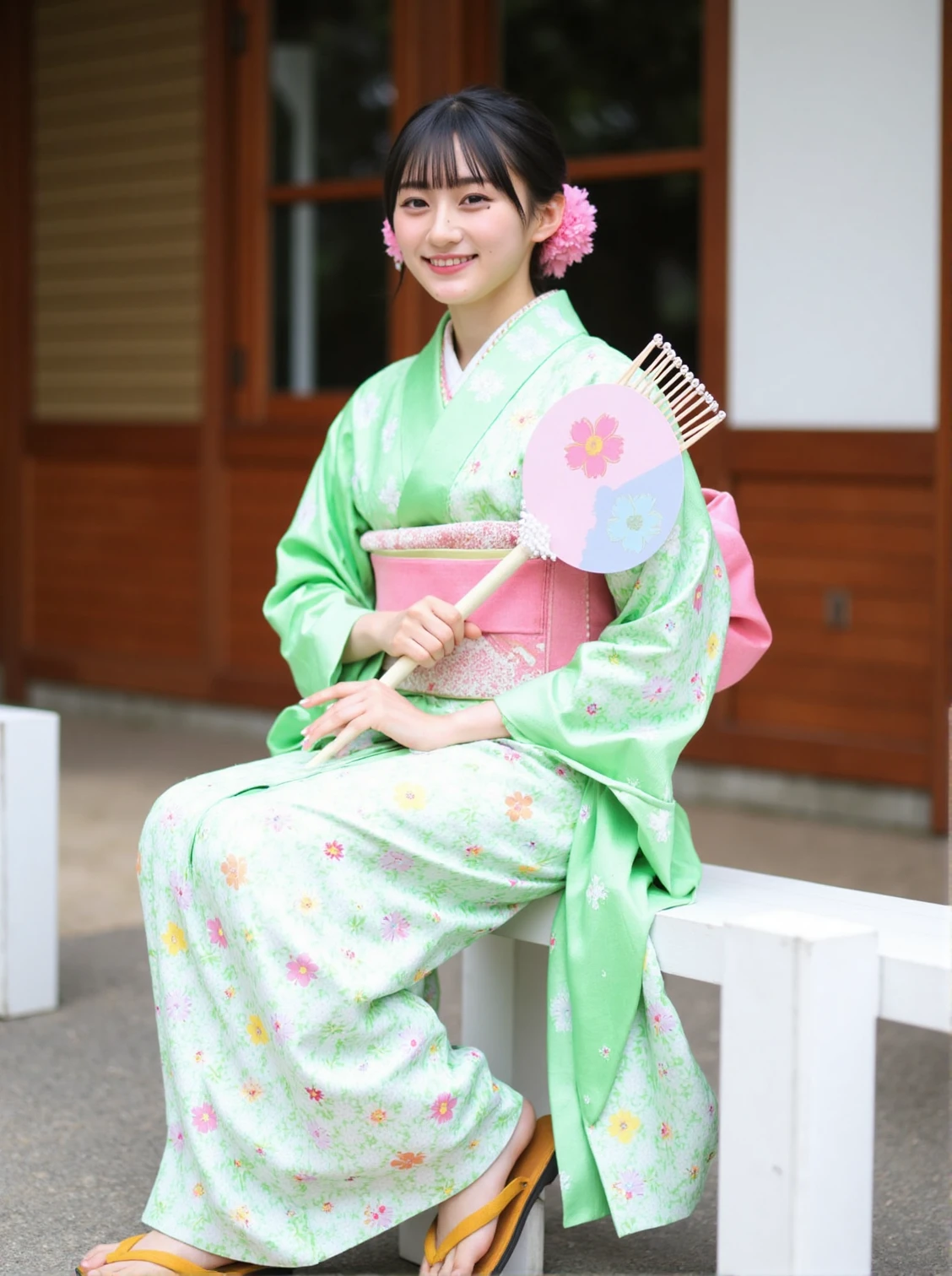 The image shows a young woman named sakutan sitting on a white bench in front of a wooden house. She is wearing a traditional Japanese kimono with a green and pink floral pattern. The woman is holding a pink and blue fan with a flower design on it. She has short dark hair with bangs and is wearing yellow flip-flops. The background is blurred, but it appears to be an outdoor setting with trees and a window. The overall mood of the image is peaceful and serene.