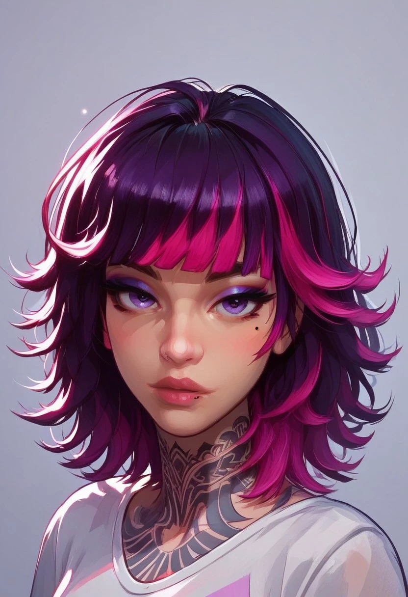 MarvelRivals, Sophiaaa, (beautiful face), medium hair,mole under left eye,left tattoos,black and purple hair,pink hair highlights,purple eyes, eyeshadow,blunt bangs,slender eyes, lips, strong eyebrows,1girl,solo,looking at viewer, white shirt, Stylized, Semi-realistic style, studio lighting, blue ambiance, atmospheric, cooler colors, portrait,