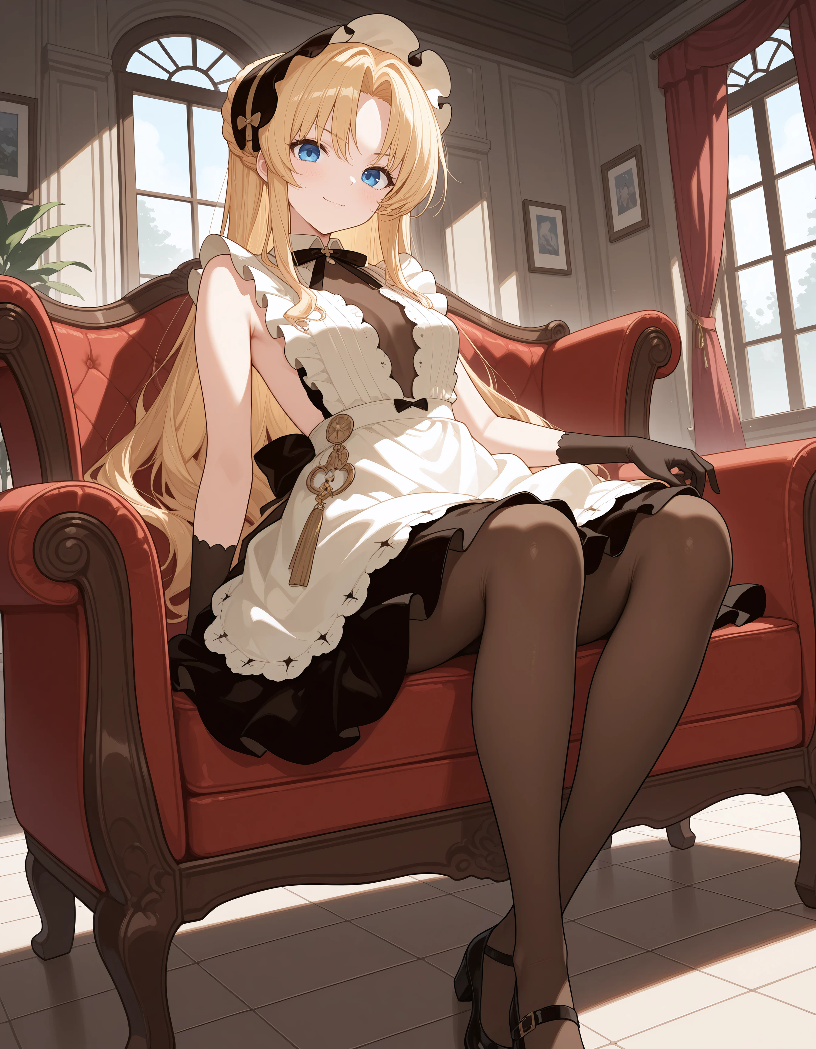 (masterpiece,best quality:1.2),amazing quality,very aesthetic,absurdres,newest,
1girl, solo, vanguard_maid, blonde hair, long hair, blue eyes, sleeveless dress, black headwear, brown pantyhose, black footwear, black gloves,
smile, determined, looking at viewer, sitting, on couch, indoors
 <lora:vanguard_azur_lane:1>