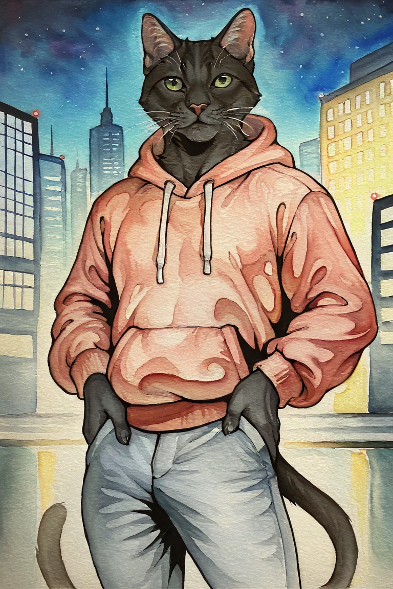 masterpiece, best quality, highres, newest, traditional media, realistic, watercolor \(medium\), anthro, furry, black cat, cat, black fur, green eyes, pink hoodie, grey pants, muscular, 1boy, solo, male focus, mature male, looking at viewer, cowboy shot, standing, outdoors, city, building, night, night sky, dark background <lora:OIS - Gold Fish [LoRA] - NoobAI-XL EPS 1.0:0.8>