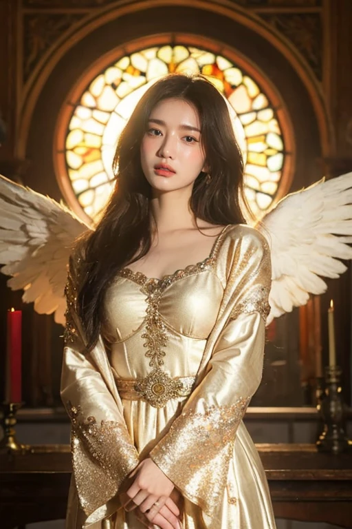 A majestic medieval girl with large, radiant angel wings, standing gracefully in a medieval setting. Her glowing, bright face radiates divine beauty and serenity, with soft golden light emanating from her features. She wears an ornate, flowing gown inspired by medieval fashion, embellished with gold and silver embroidery. Her expression is serene and noble, exuding divine wisdom and strength. Her wings shimmer softly with intricate feather details, framing her figure elegantly. A faint golden halo surrounds her head, amplifying the warm glow on her face. The background features gothic arches and faintly illuminated stained-glass windows, adding a sense of grandeur and mysticism. The atmosphere is ethereal, with soft lighting and a heavenly aura, emphasizing her angelic and majestic presence