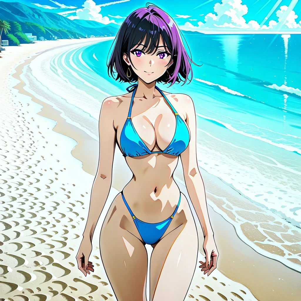 a solo woman with a micro waist standing in the beach wearing a bikini,anime,illustration