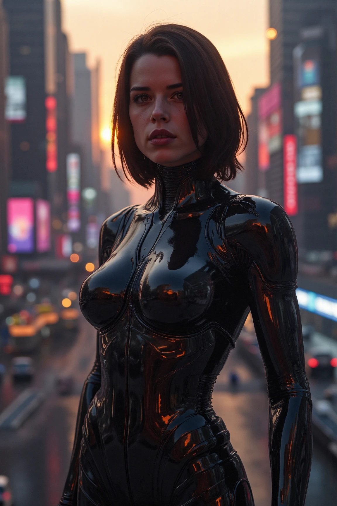 minkakflx, a striking cybernetic woman, stands confidently in a futuristic cityscape at sunset. Soft, even lighting casts a warm glow on her features, accentuating the intricate details of her cybernetic robot body. Her face, a masterwork of precision and beauty, is framed by medium-length portrait proportions. Eyes shows intensity as she surveys the neon-lit metropolis behind her, where towering skyscrapers and holographic advertisements blur into a futuristic haze.