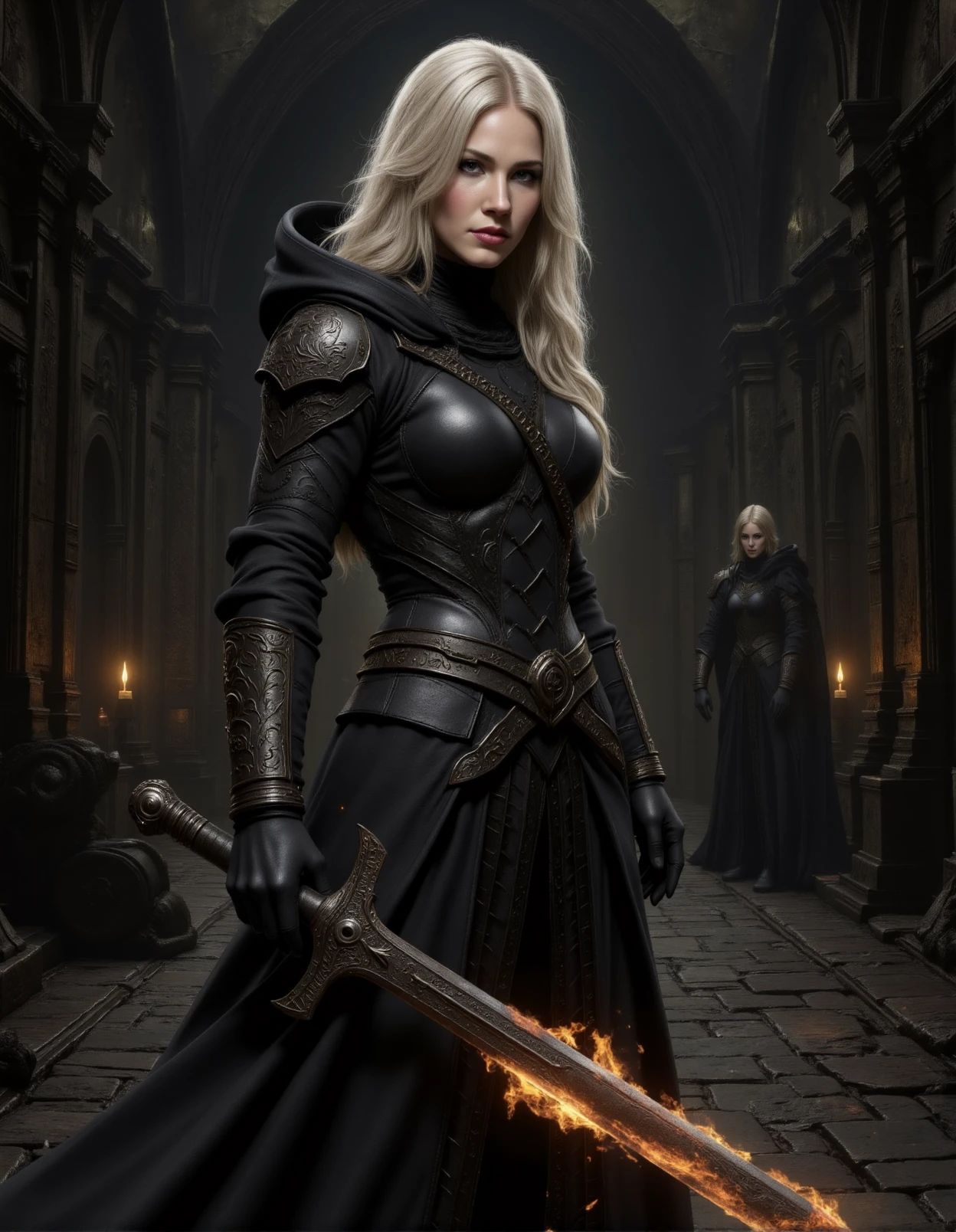 digital fantasy artwork depicting a young, attractive female warrior with pale skin and long, platinum blonde hair. She wears ornate, dark metal armor and a hooded cloak, holding a flaming, ornate sword. The dimly lit, medieval stone corridor in the background features arched doorways and a lit candle. Another armored figure is visible in the distance, adding depth to the scene. <lora:lynn_collins_beta:0.8>  <lora:Magic of Art  2  (FLUX):0.7>