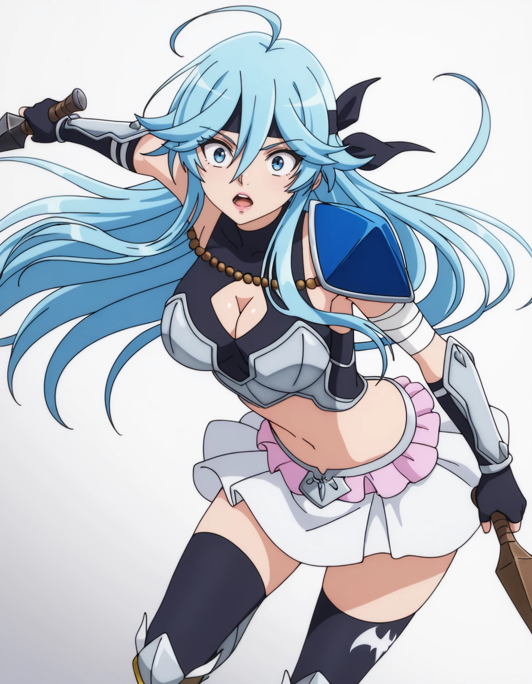 <lora:louise_balze_il:1> louise_balze, long_hair, blue_hair, ahoge, blue_eyes, , shoulder_armor, cleavage, cleavage_cutout, armor, skirt, zettai_ryouiki, black_thighhighs, boots, fingerless_gloves, hair_between_eyes, 1girl, bandaged_arm, bandages, bandana, bandana_around_neck, black_bandana, bracer, breasts, eyelashes, holding, holding_weapon, kunai, leaning_to_the_side, leather, lips, lipstick, looking_at_viewer, makeup, medium_breasts, midriff, nose, parted_lips, pink_lips, romaji_text, sideways, solo, standing, teeth, upper_teeth_only, weapon, white_background, wide-eyed, Bat_print, cowboy_shot, overexposure, masterpiece, detailed, best_quality