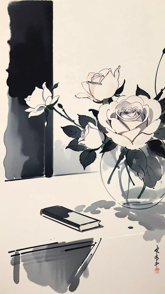 best quality,masterpiece,highly detailed,ultra-detailed, 
Rose Kardinal flower,desk,indoors, , inkwashing,negative space, white background, limited palette, 
 <lora:neg9V2_8:0.25> <lora:Modern Chinese Ink Painting_V04:1.5> Modern Chinese Ink Painting