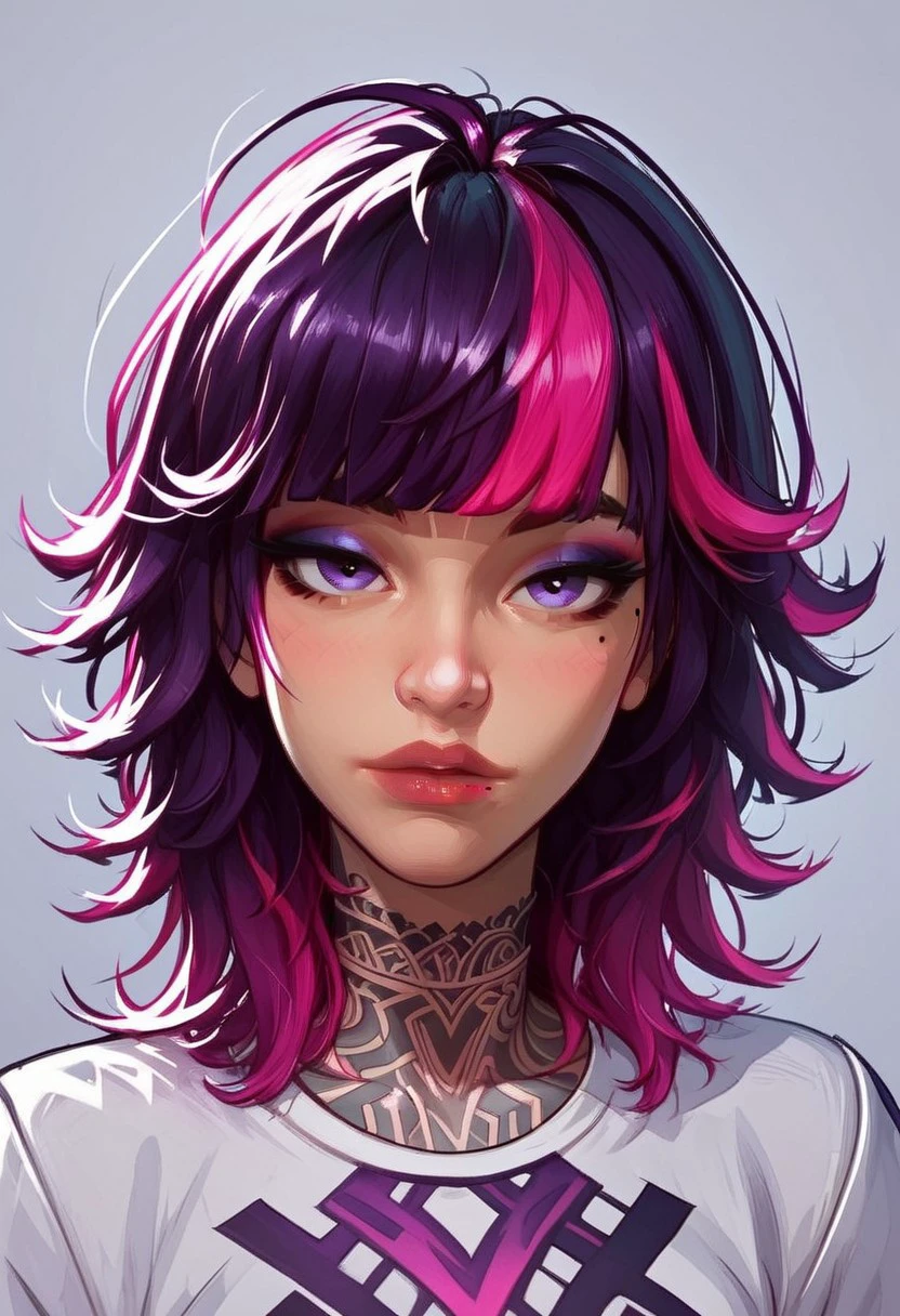 MarvelRivals, Sophiaaa, (beautiful face), ((Neck-length hair)),medium hair,mole under left eye,left tattoos,black and purple hair,pink hair highlights,purple eyes, eyeshadow,blunt bangs,slender eyes, lips, strong eyebrows,1girl,solo,looking at viewer, white shirt, Stylized, Semi-realistic style, studio lighting, blue ambiance, atmospheric, cooler colors, portrait,