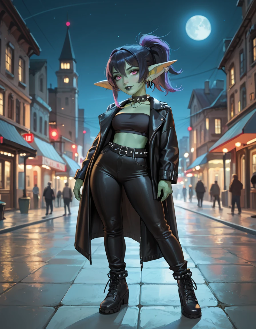 score_9,score_8_up,score_7_up,score_6_up,
outdoors,city,night, night sky, full moon, 
full body,seductive smile,parted lips,long eyelashes,
leather pants, tube top, leather jacket, 
<lora:Lolla_v01_PDXL:1>,Lolla,1girl,solo,goblin girl,gothic,green skin,long pointy ears,earings,multicolored hair,black hair,purple hair,ponytail,bangs,hair between eyes,pink eyes,spiked choker,black lips,
<lora:add-detail-xl:1>,