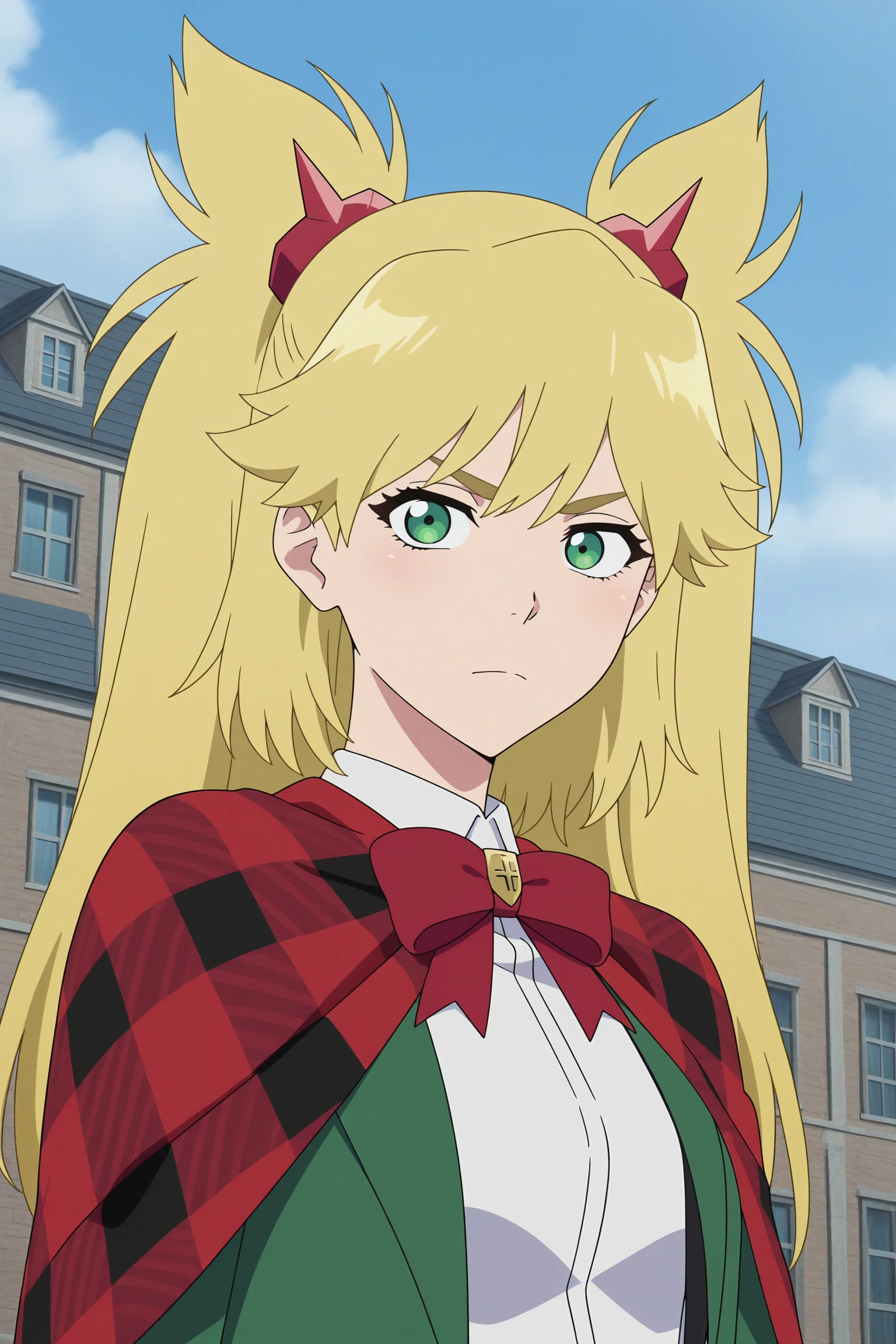 masterpiece, best quality, amazing quality, highres, absurdres, very aesthetic, high resolution, ultra detailed, perfect details, 1girl, looking at viewer, outdoors, european architecture, ninny spangcole, blonde hair, long hair, two side up, hair ornament, green eyes, green jacket, open jacket, white shirt, collared shirt, red bowtie, red capelet, plaid capelet, suspenders, black shorts, short shorts, white thigh holster, black footwear, thigh boots, <lora:Ninny_Spangcole_ILXL:0.8>, (aged up:1.2), (portrait:1.7), (day:1.3), anime coloring, (anime screencap:1.5)