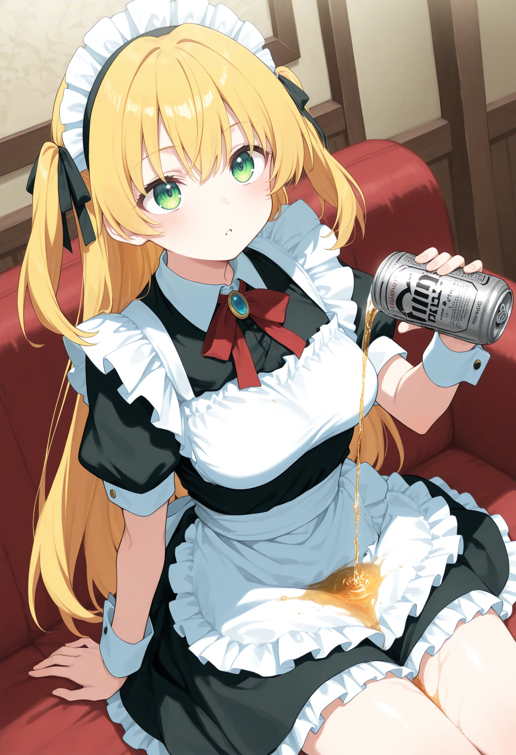 1girl,(sho \(sho lwlw\):0.7),(toosaka asagi:0.5),(sincos:0.3),solo,
masterpiece, best quality, newest, absurdres, CG, anime, source anime, illustration,
maid, maid headdress,medium breasts,
wakamezake, sitting, beer can , holding can,beer,pouring, pouring onto self, <lora:wakamezake_Illust_v1:0.8>
dutch angle, cinematic angle, looking up, blonde hair, green eyes,determined, pasture land, parted lips, shiny hair,