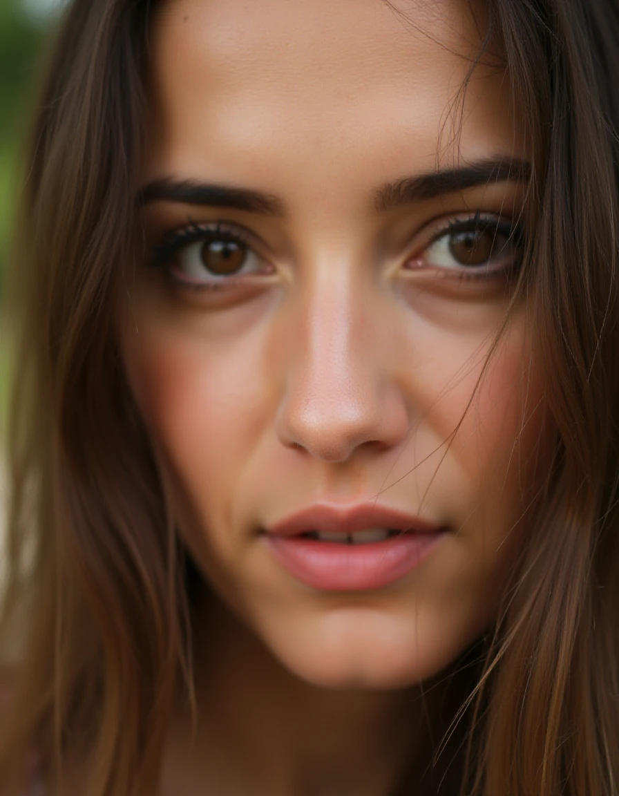 closeup face, woman, brown eyes, long hair, outdoors