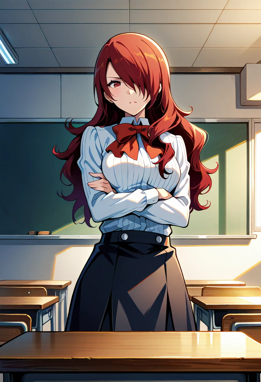 1 girl, solo, cute face,
p3mitsuru, long hair, hair over one eye, white shirt, red bowtie, black skirt, gekkoukan high school uniform, 
arms crossed, (scowl:0.8), looking at viewer,
indoors, classroom,
masterpiece, best quality, ultra detailed,