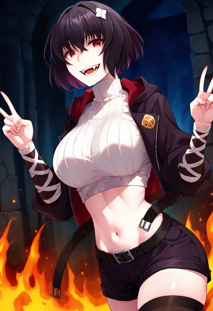 masterpiece, best quality, amazing quality, very aesthetic, absurdres,  newest, 1girl, solo girl,dark dungeon, 
<lora:Nea:1> Nea, white hair ornament,  black hair, midriff, turtleneck sweater, shorts, thighhighs, short hair, navel, red eyes, black shorts, black belt jacket, fangs, looking at viewer, standing making a peace sign, smile, 
masterpiece, best quality, amazing quality, very aesthetic, absurdres,  newest,