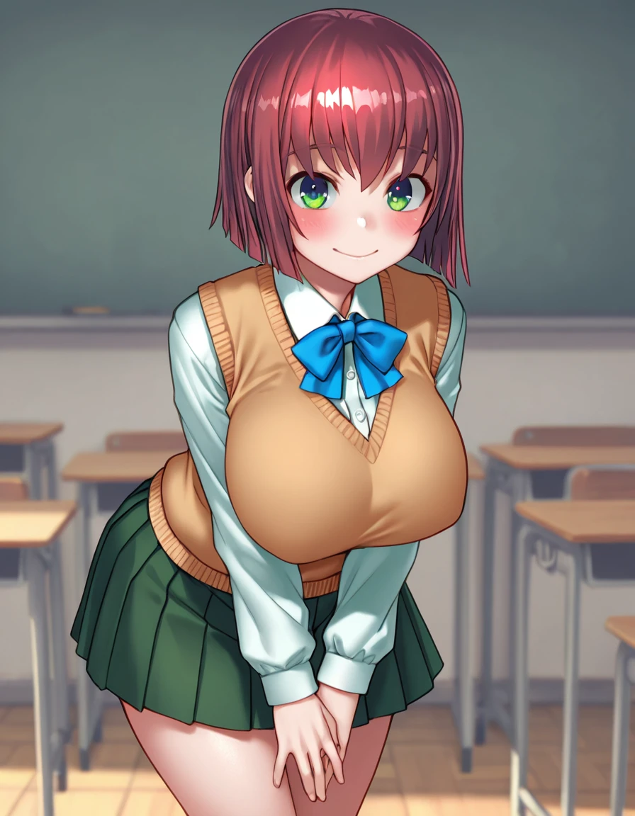 1girl, solo, 
akane_niimura, red hair, green eyes,  short hair, sweatervest, white shirt, green pleat skirt, long sleeves, large breasts, blue bow tie, 
 hands together, faint smile, blush, bowing, looking at viewer, 
classroom, 
 cowboy shot, 
(bosshi:0.6), 
,masterpiece,best quality,newest,absurdres,highres, 
 <lora:Futabu_all_in_one_IL:0.8>