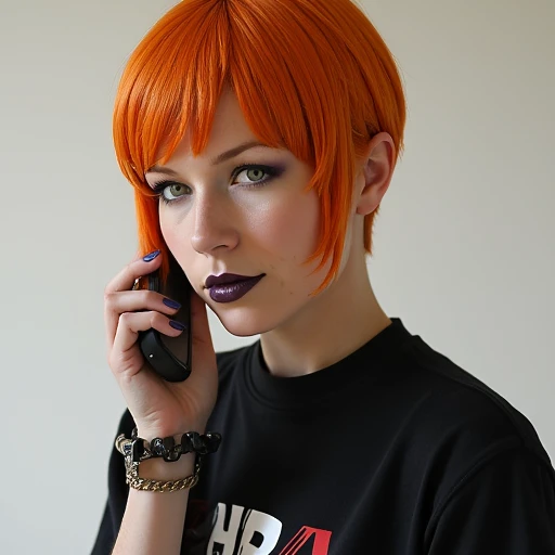 holding phone, 1girl, solo, cuffs, orange hair, bdsm, short hair, red hair, shirt