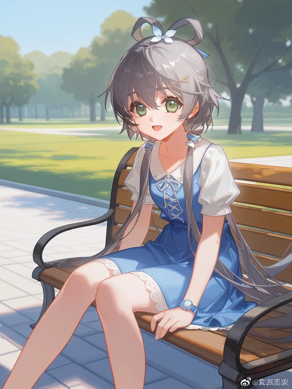 luo tianyi,1girl,masterpiece,high quality,best quality,beautiful,park,bench,artist:ciloranko,sitting down,:d,