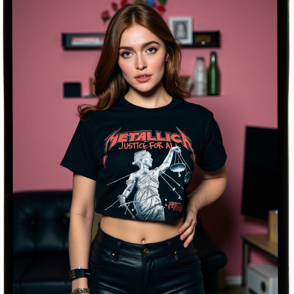 , ultra detailed, ultra realistic, ultra defined texutes, cinematic, cinematic lighting, 8k, analog polaroid, front facing view,  a beautiful woman, extreme black makeup, wearing a metallica t-shirt, justice for all, leather pants, in a party, looking at the camera, posing sexy, <lora:metallica-justice:1>m3t4ll1c4 <lora:Jia lissa 2 1024:1> jialis