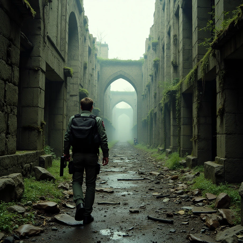 Cameron Mitchell exploring an abandoned alien city. The city is in ruins, with overgrown vines and crumbling structures. Mitchell is cautiously moving through the streets, his weapon drawn, as he searches for clues to an ancient mystery.