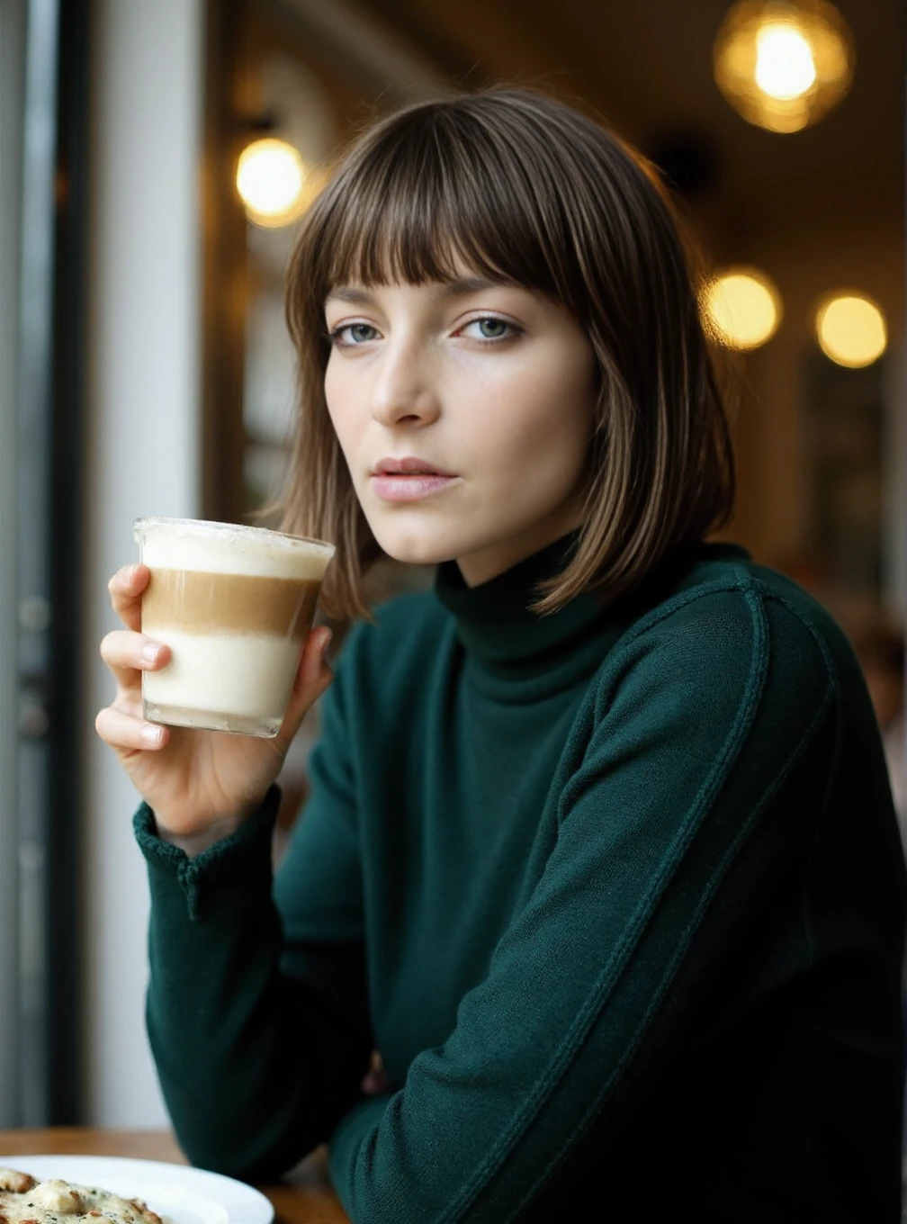 A professional photograph of a young fashion model Flora wearing a dark green cableknit sweater in a cafe, holding a latte, very short brunette hair in a cheek-length bob with bangs, light make-up, detailed skin, bokeh, female focus, SFW, smile<lora:Flora_aka_Mary_G:1>