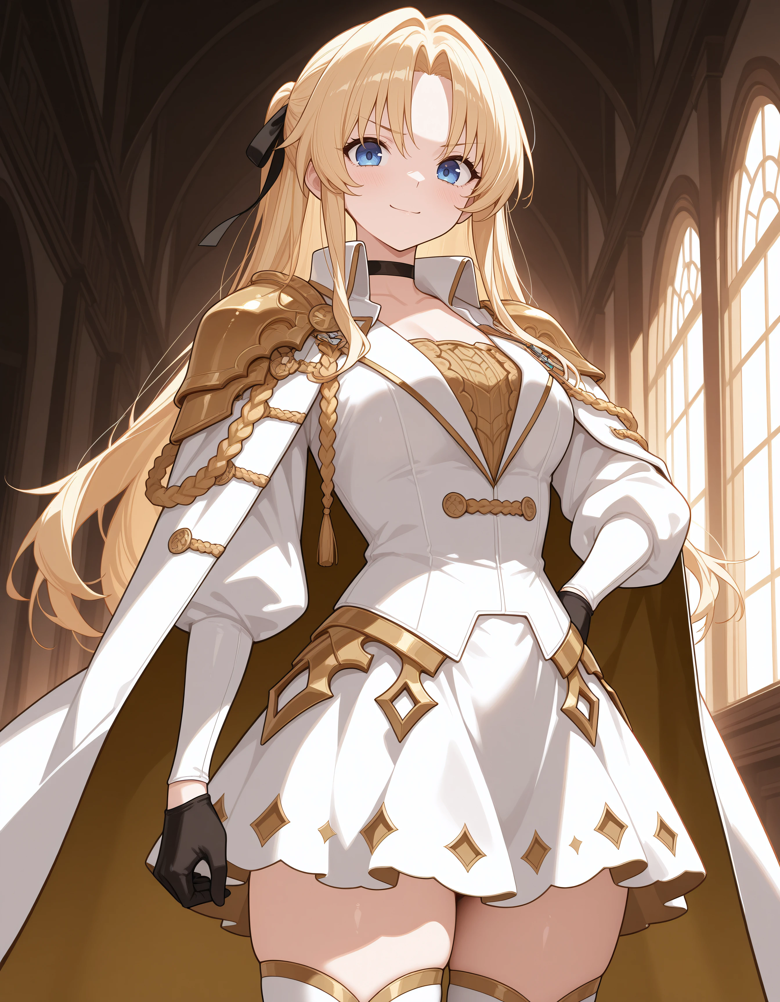 (masterpiece,best quality:1.2),amazing quality,very aesthetic,absurdres,newest,
1girl, solo, vanguard_default, white dress, long sleeves, skirt, white thighhighs, shoulder armor, cape, choker, hair ribbon, golden aiguillette, black gloves,
cowboy shot, smile, determined, looking at viewer, standing, indoors
 <lora:vanguard_azur_lane:1>