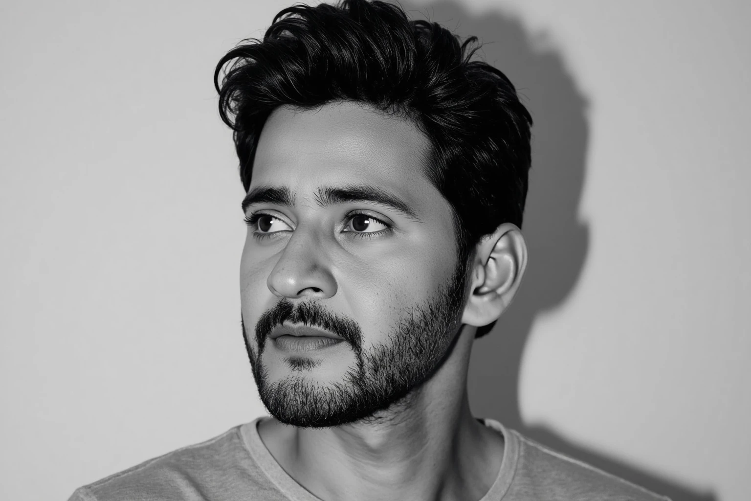 Close-up grayscale portrait of ssmaheshbabuukohwx  with deeply expressive features.  Wavy, textured dark hair frames his face.  His gaze is directed towards the upper right, conveying a thoughtful and contemplative mood.  He sports a short, neatly trimmed beard, and a subtle stubble.  A plain, light gray short-sleeved shirt is visible, displaying a subtly textured fabric. Light source is positioned to highlight the side of his face and neck, creating a strong chiaroscuro effect.  The image style is realistic portraiture, with a strong emphasis on light and shadow to define the subject's features.  Composition is focused on the subject's face and upper body, drawing attention to his nuanced expression. The perspective is neutral, a frontal three-quarter view.  The background is plain, a soft gray tone, allowing the subject to stand out.  Details of the face and hair are meticulously crafted, reflecting a painterly approach to realism.  The emotional tone is subdued, contemplative, and introspective.