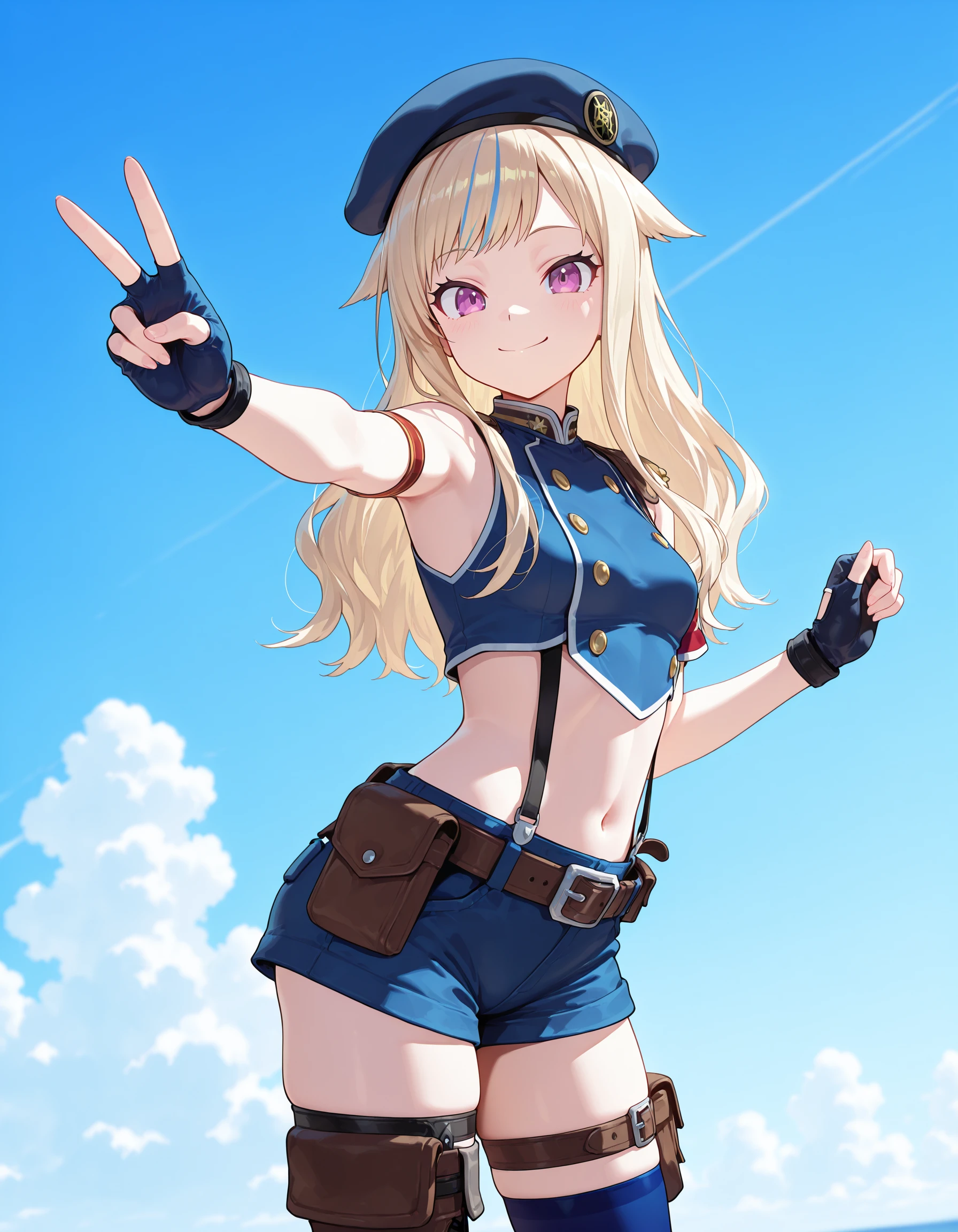 masterpiece, best quality, amazing quality,1girl, solo, portrait, blue sky, cowboy shot, smile, closed mouth, v,
<lora:suzukihina_illustrious:1> suzuki hina, blonde hair, long hair, streaked hair, hair flaps, purple eyes, skinny, small breasts, , hat, beret, blue thighhighs, blue crop top, fingerless gloves, midriff, single thighhigh, sleeveless, suspender shorts, thigh straps, belt, pouch, single armband, boots