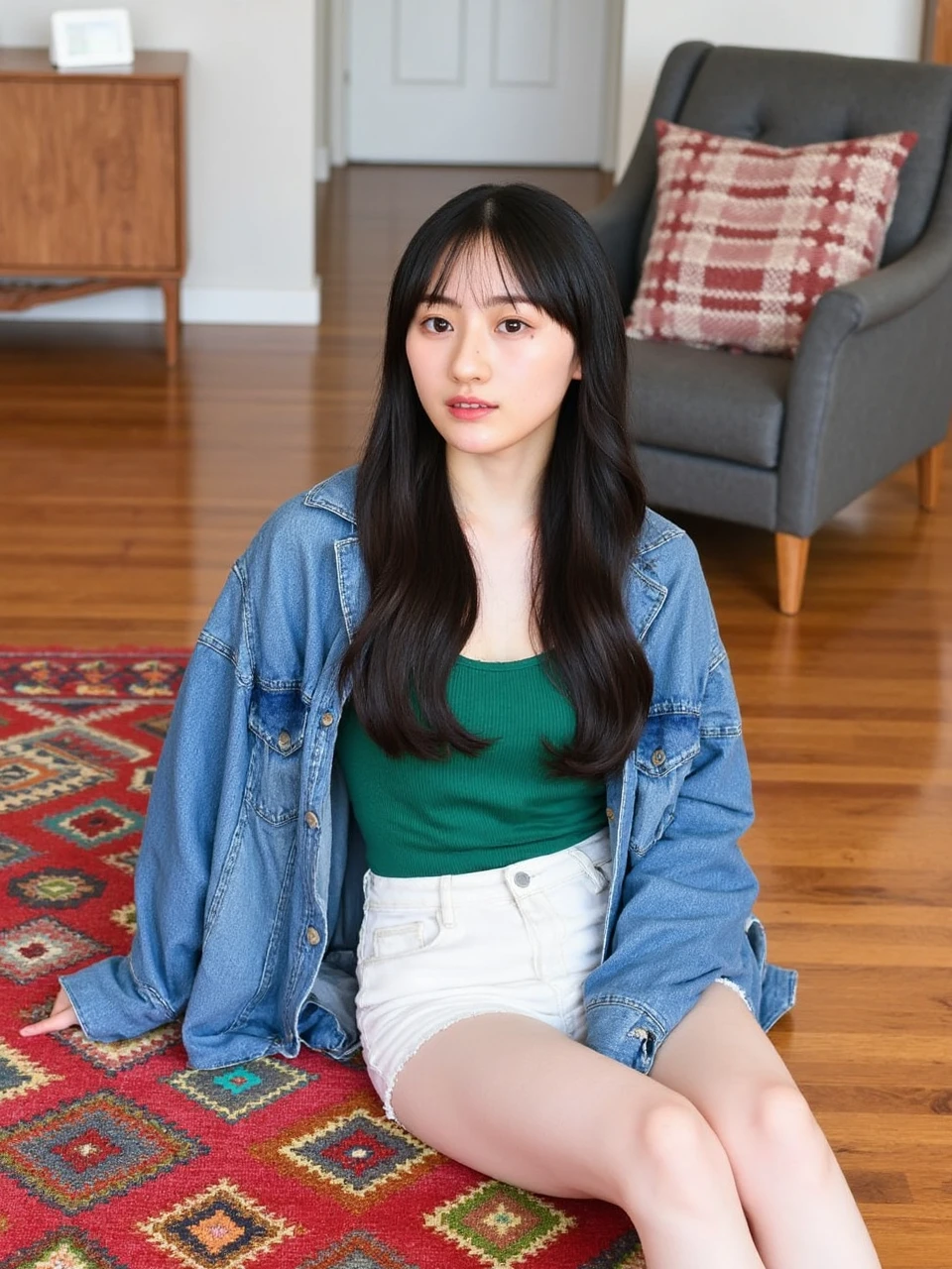 The image shows a young woman named sakutan sitting on a colorful rug in a living room. She is wearing a blue denim jacket over a green tank top and white shorts. Her long dark hair is styled in loose waves and she is looking directly at the camera with a serious expression. Behind her, there is a gray armchair with a red and white patterned cushion and a wooden dresser. The floor is made of hardwood and the overall style of the room is modern and cozy.