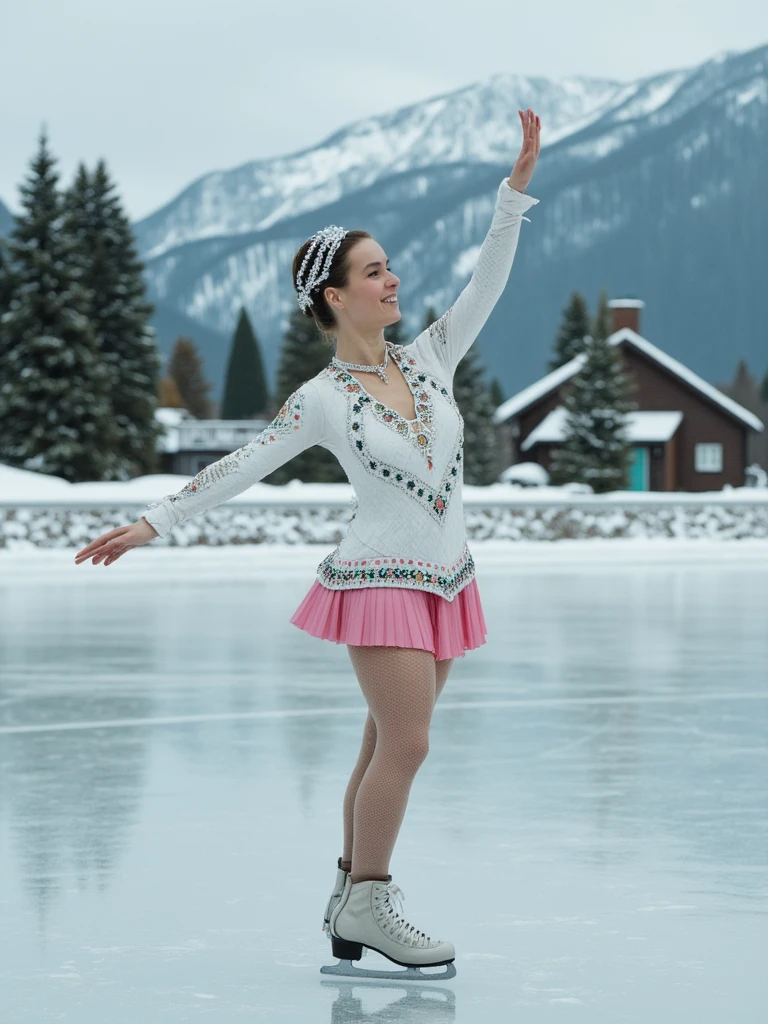 k4t4rin4witt, a photograph of a woman, she is a female figure skater performing on frozen pond, located in a small village in winter, she is in the center of the frame, with her body slightly turned to the left, showcasing her figure skating gracefully, her skin is fair and smooth, with a slight tan, and she has a delicate, youthful appearance, she wears a white, long-sleeved, ornate dress with intricate, lace-like patterns and a pink, pleated skirt that is adorned with green and white geometric patterns, her dress is complemented by a silver tiara on her head, which adds a regal touch, she also wears silver, shiny ice skates that gleam in the light, reflecting the smooth texture of the ice, the background features a cottage with smoke rising from the chimney, surrounded by snow capped mountains, tall, dark-tinted pine trees covered in a blanket of snow, the sky is overcast, adding to the serene, winter wonderland, the overall color palette is dominated by whites, blues, and grays, with a soft, dreamy quality that enhances the romantic and whimsical feel of the scene