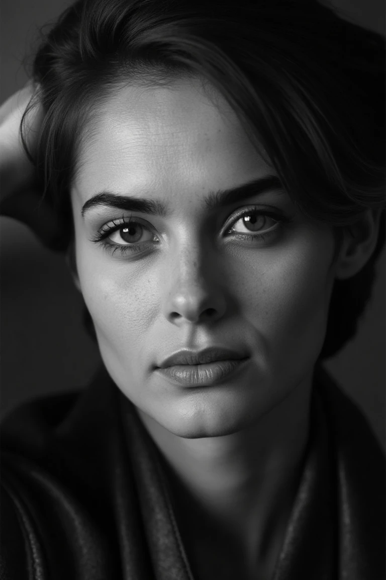 A black and white portrait of izaflx, inspired by Peter Lindbergh, features a woman looking directly into the camera with an intimate, emotionally vulnerable expression. Soft lighting accentuates her face's lines, textures, and natural imperfections, with no makeup, relaxed lips, and eyes conveying depth, strength, and fragility. Her skin texture is faithfully captured, with small imperfections, showcasing real beauty without touch-ups or filters. The simple, out-of-focus background and minimal depth of field create a raw, emotional environment, conveying humanity, authenticity, and emotional connection, with the woman appearing strong yet accessible.