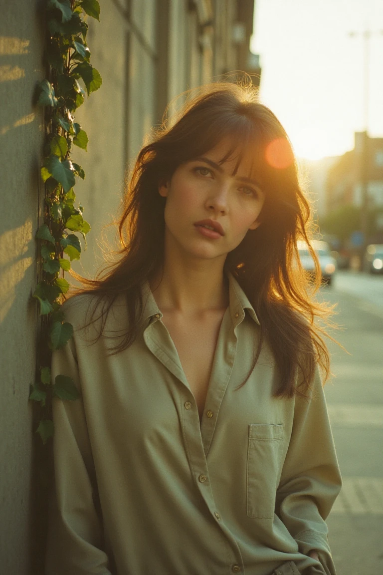 "A perfectly lit, highly detailed 35mm analog film photograph, shot on vintage Kodachrome film stock. A brunette woman stands confidently in a close-up frame, her face softly illuminated by the golden light of the late afternoon sun. She is dressed in a modern outfit: a shirt and a loose pant, contemporary look.  

The backdrop features a minimalist urban setting—a clean, textured concrete wall with ivy cascading down one side, offering a subtle pop of greenery. The sunlight casts warm highlights on her hair, styled in loose, effortless waves, and adds a radiant glow to her skin. The depth of field is shallow, blurring the urban surroundings into a creamy bokeh, emphasizing her serene expression and modern elegance. The Kodachrome film’s signature rich tones bring out the warm neutrals of her outfit and the golden hues of the lighting, creating a timeless yet distinctly modern aesthetic."