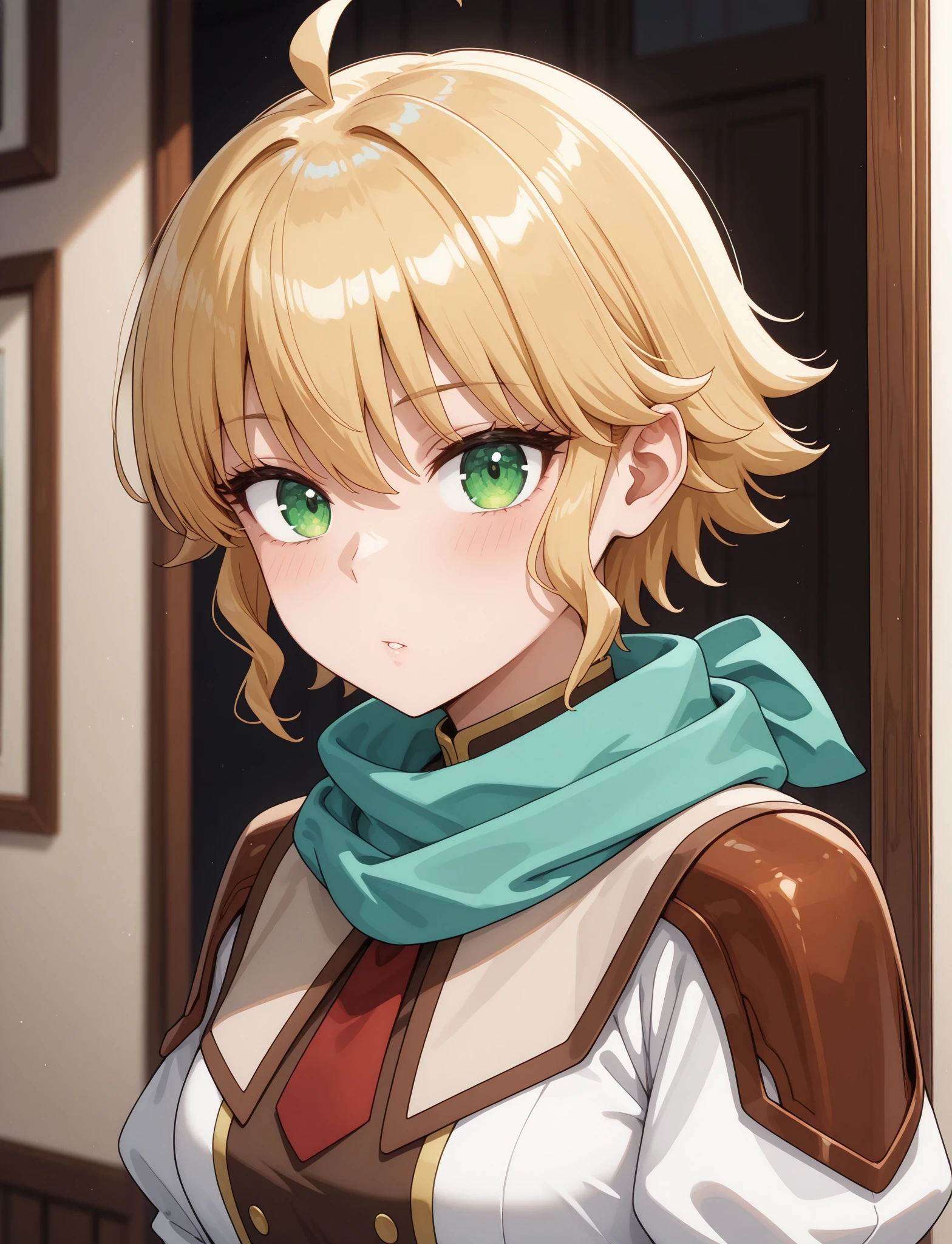 masterpiece, best quality, newest, absurdres, highres, 1girl, solo, <lora:MLF-Yuno_ILL_epoch_10:1> yuno-mlf, blonde hair, green eyes, short hair, ahoge,