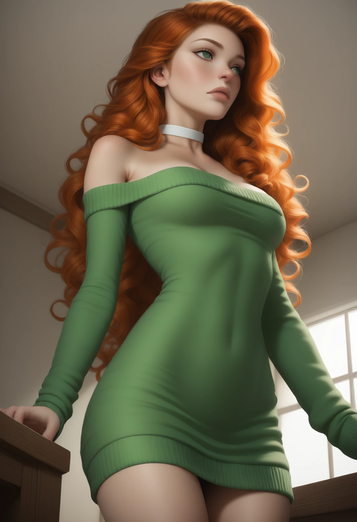 ((masterpiece, best quality, absurdres)),
1girl, solo, sexy sweater dress, green sweater, strapless, long sleeves, bare shoulders, white choker,
indoors, day,
balancing, looking away,
cowboy shot, from below,
 <lora:Dark_Erin_Illust_v1:0.7> d4rk3r1n, orange hair, green eyes,