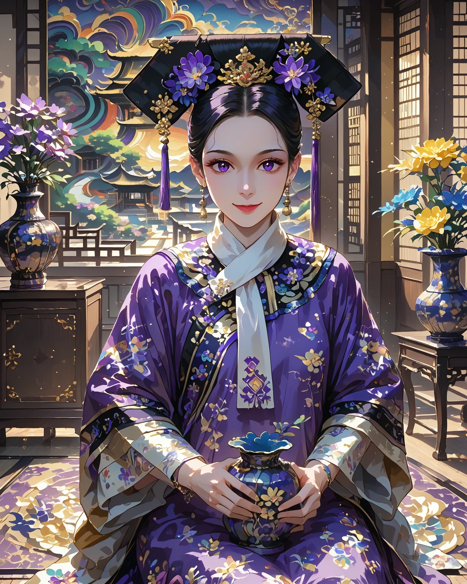 1girl, qingfa, (qingfa scarf), holding a vase, ornate clothing, flowers, asian sitting room, wood panel wall, purple clothing, gold accents, light_smile, intricate patterned fabric, brocade, jacquard fabric, masterpiece, highest quality, absurdres, digital art, very detailed, score_9, score_8_up, score_7_up, evening,  <lora:QingFashion_XL_V3:1.1>,   <lora:swirlsXLP:0.8> swirls, ripples, colorful,