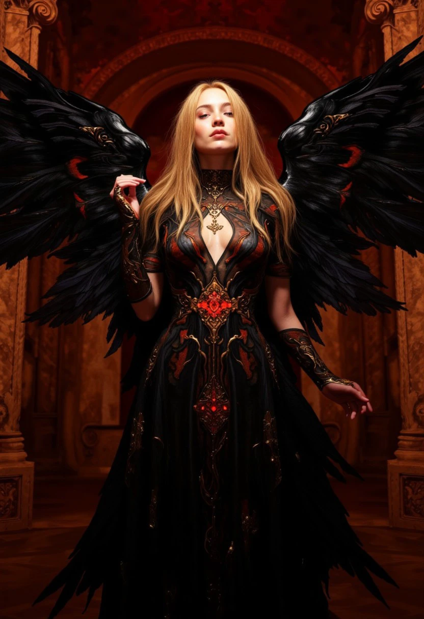 A majestic and ethereal woman stands in a shadowed, mystical environment, her large black feathered wings arching dramatically behind her. The wings curve outward with breathtaking, lifelike texture, highlighted by subtle reflections that add depth and contrast. Her serene expression radiates quiet power and wisdom, framed by golden blonde hair cascading past her shoulders, with crimson-tipped strands adding striking contrast.
She wears a flowing, sheer black gown adorned with intricate, ember-like patterns fading between crimson and gold. The translucent fabric reveals her graceful silhouette while accentuating the glowing designs. The gown’s draped sleeves enhance her regal, otherworldly presence, as her slightly raised arms and delicate hand movements evoke the sense of a ritual or performance. Gold accents on her wrists and fingers shimmer softly, and a glowing red gemstone pendant at her neck pulses faintly with inner light, drawing attention to the lace-like detailing of her neckline.
The background is cavernous and ancient, bathed in red and gold hues. Soft ambient lighting creates a chiaroscuro effect, where shadows and highlights play across her figure, emphasizing her luminous skin and the intricate details of her attire. The scene exudes dark beauty, mysticism, and haunting elegance, evoking an otherworldly, sacred atmosphere.
